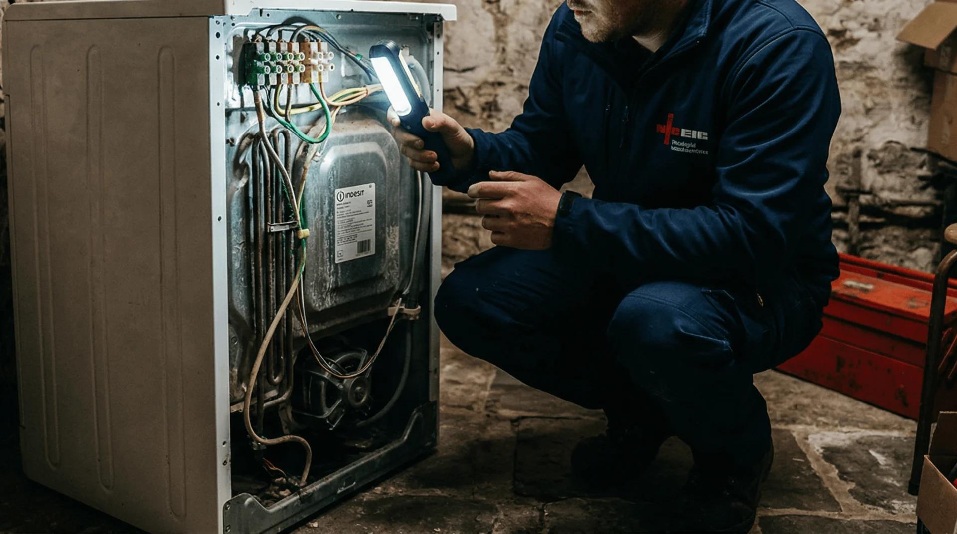 An engineer examines oxidized "green goo" terminals inside a washing machine connection in a damp Bristol Victorian basement during a diagnostic PAT inspection.
