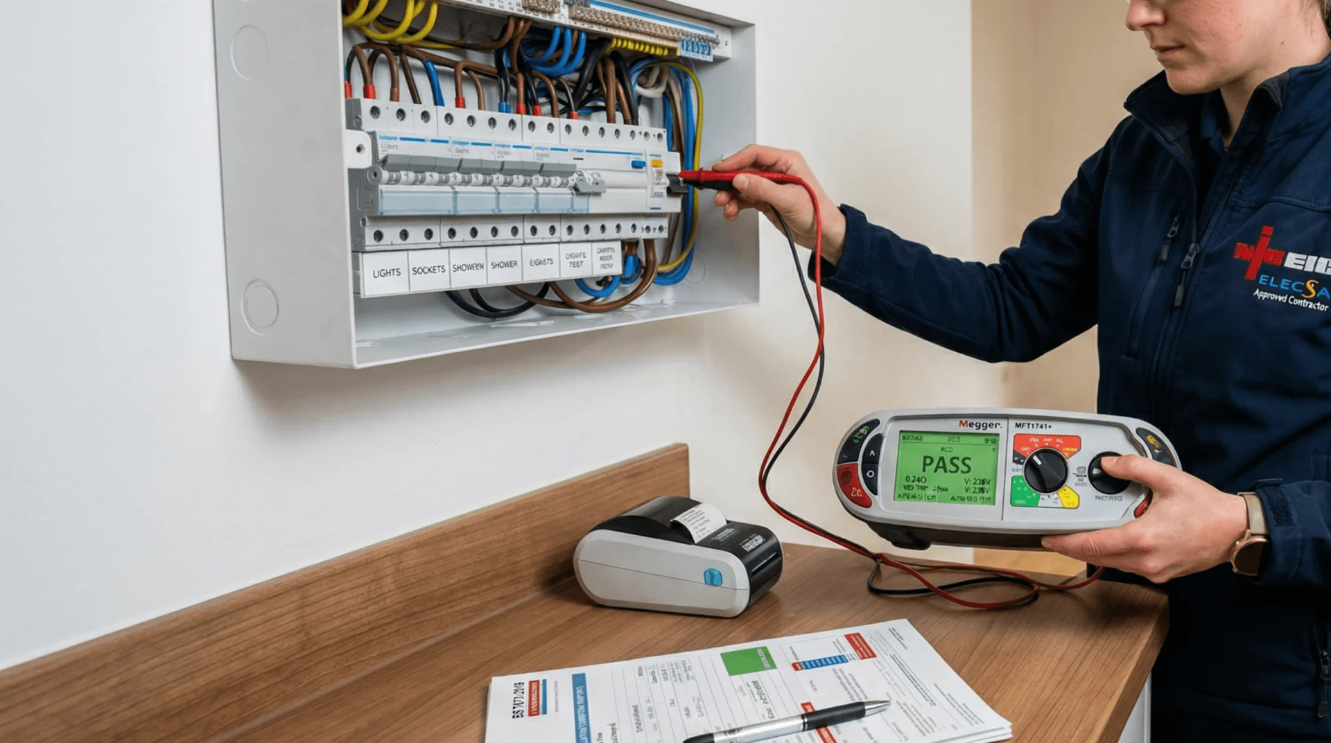 A close-up photo of an NICEIC engineer testing a modern consumer unit, displaying a 'pass' result, with an EICR certificate in the foreground in a modern Bristol apartment.