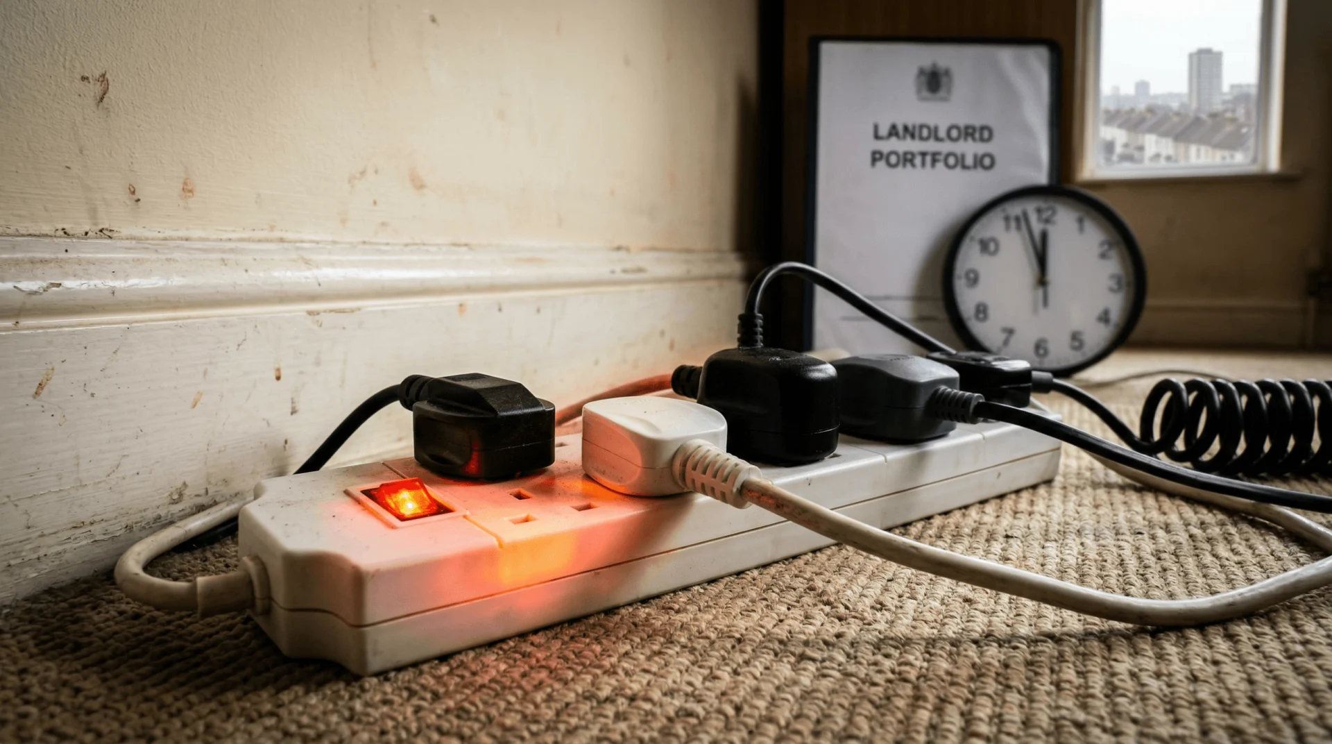 A dramatic close-up of a heavily overloaded 4-gang extension lead, glowing red, illustrating the severe fire risk in a high-density Bristol HMO.