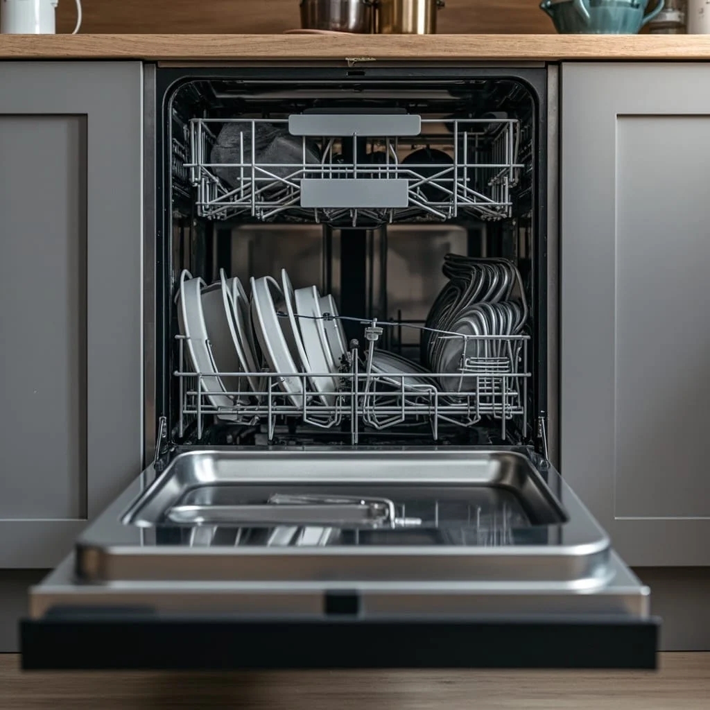 A view into an open and loaded dishwasher in a Bristol home, illustrating our engineers' ability to address mechanical and electrical component failures in common kitchen cleaning appliances.