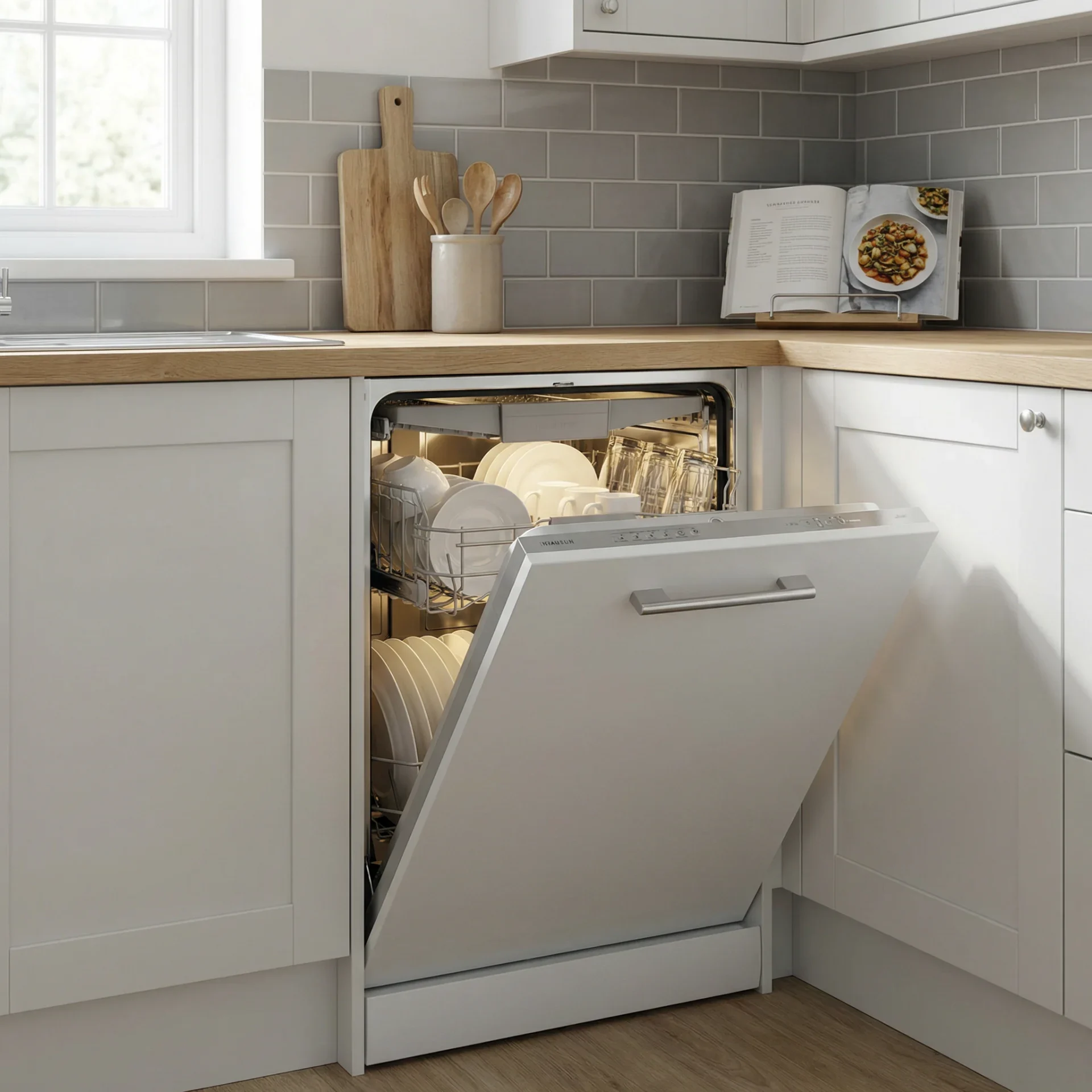 A clean, fully functional white integrated dishwasher in a Bristol home following a professional maintenance service.