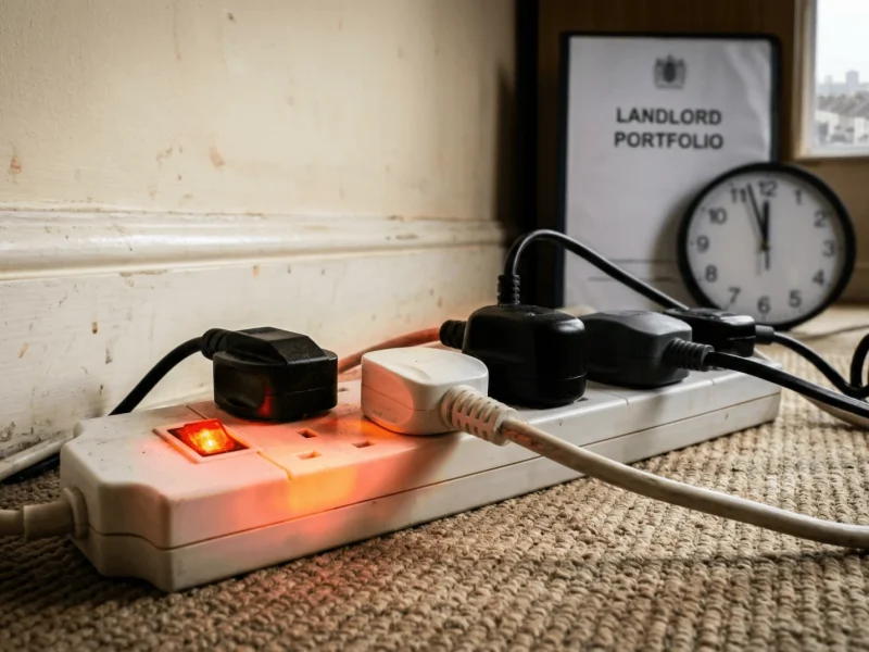 A dramatic close-up of a heavily overloaded 4-gang extension lead, glowing red, illustrating the severe fire risk in a high-density Bristol HMO.