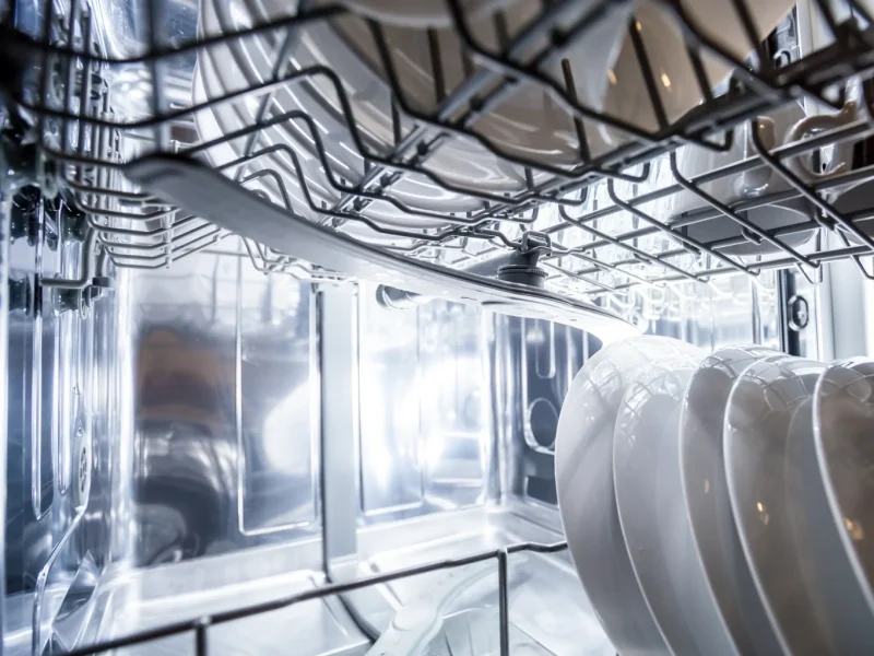 Internal components of a domestic dishwasher showing the circulation pump, heating element, and drain assembly for a professional repair in Bristol.