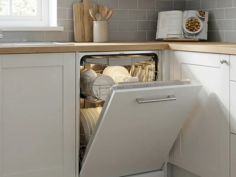 A clean, fully functional white integrated dishwasher in a Bristol home following a professional maintenance service.